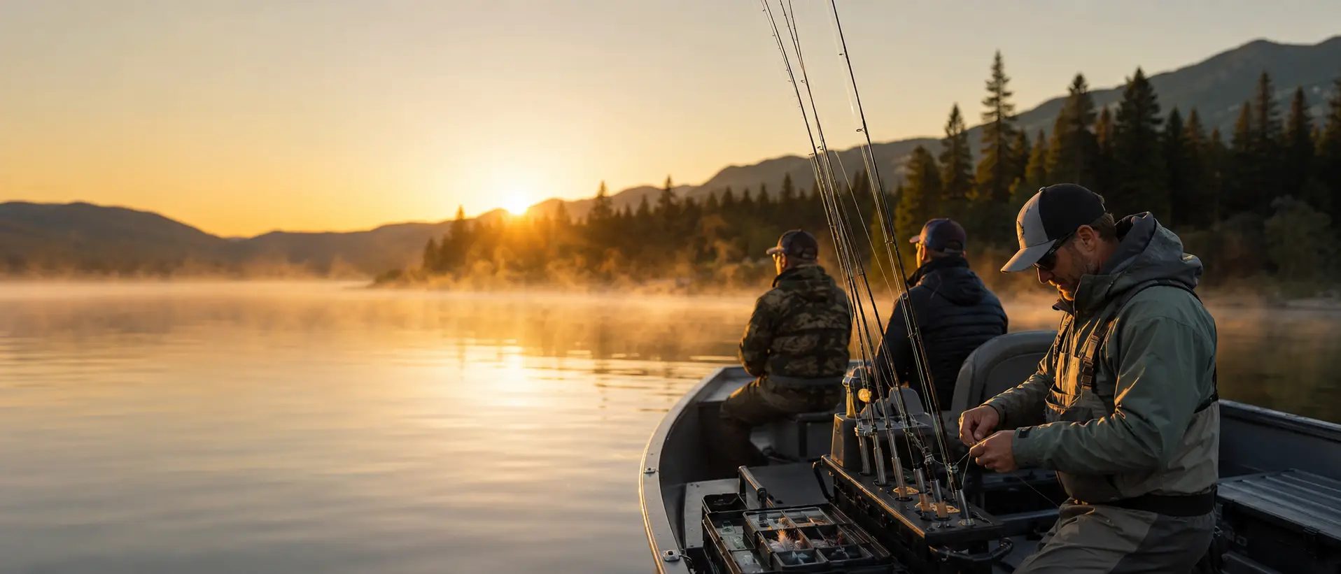 Pescadores en bote al amanecer